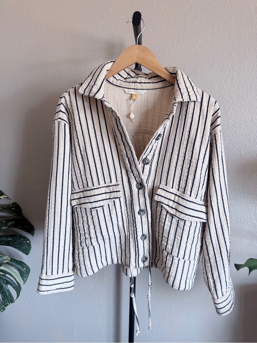 Downeast Womens Small Striped Cotton Gauze Button Up Jacket Cream Navy Blue